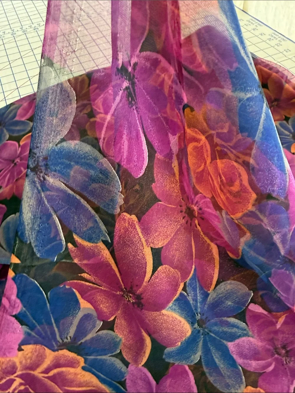 Vintage 90s Floral Chiffon Fabric 5.5 Yards Sheer Drapey Jewel Tone Floral